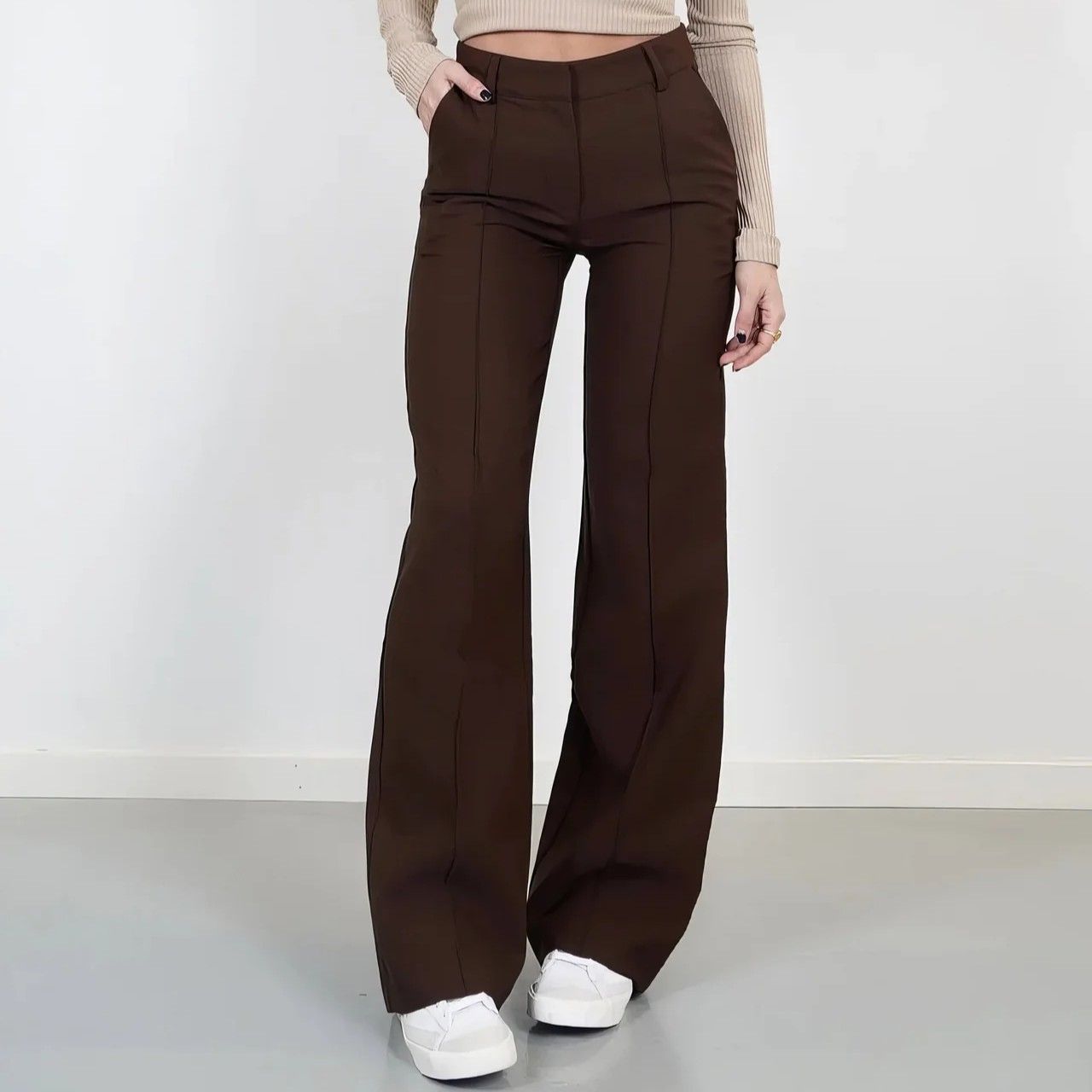 Wide Leg High Waisted Pants with Pockets Brown 5