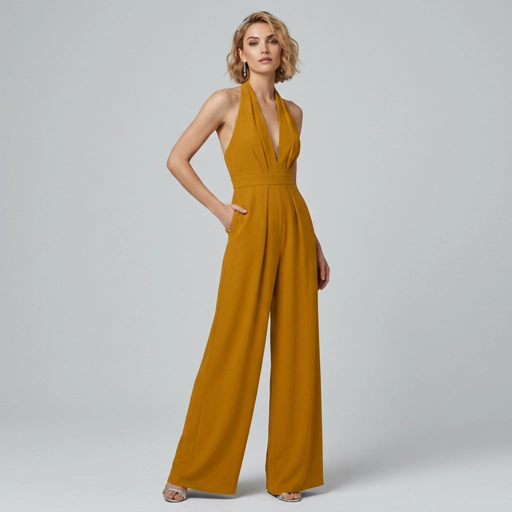 Wide Leg Jumpsuit with Plunge Neckline Mustard 1