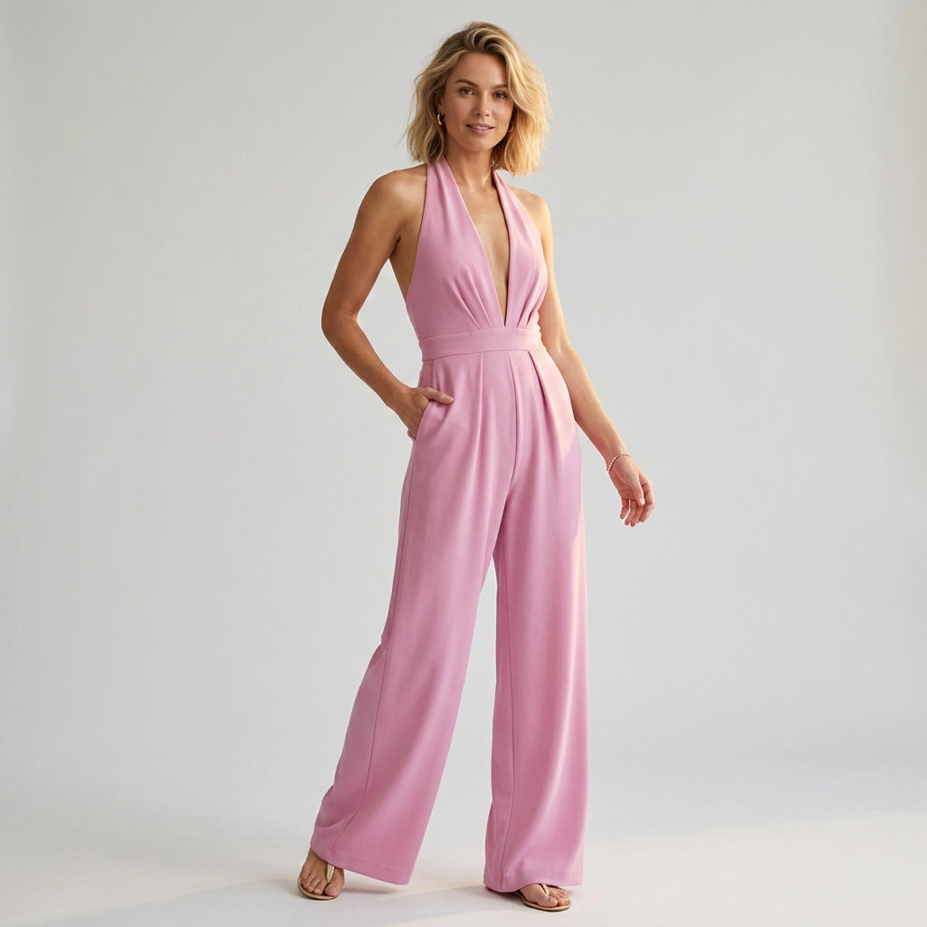 Wide Leg Jumpsuit with Plunge Neckline Dusty Rose 10