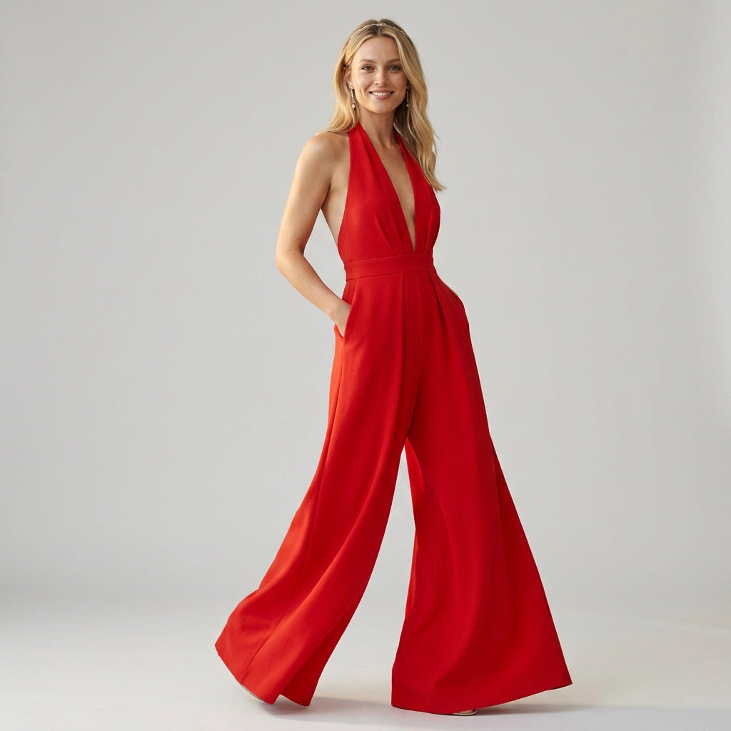 Wide Leg Jumpsuit with Plunge Neckline Red 12