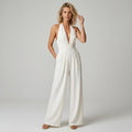 Wide Leg Jumpsuit with Plunge Neckline White 14