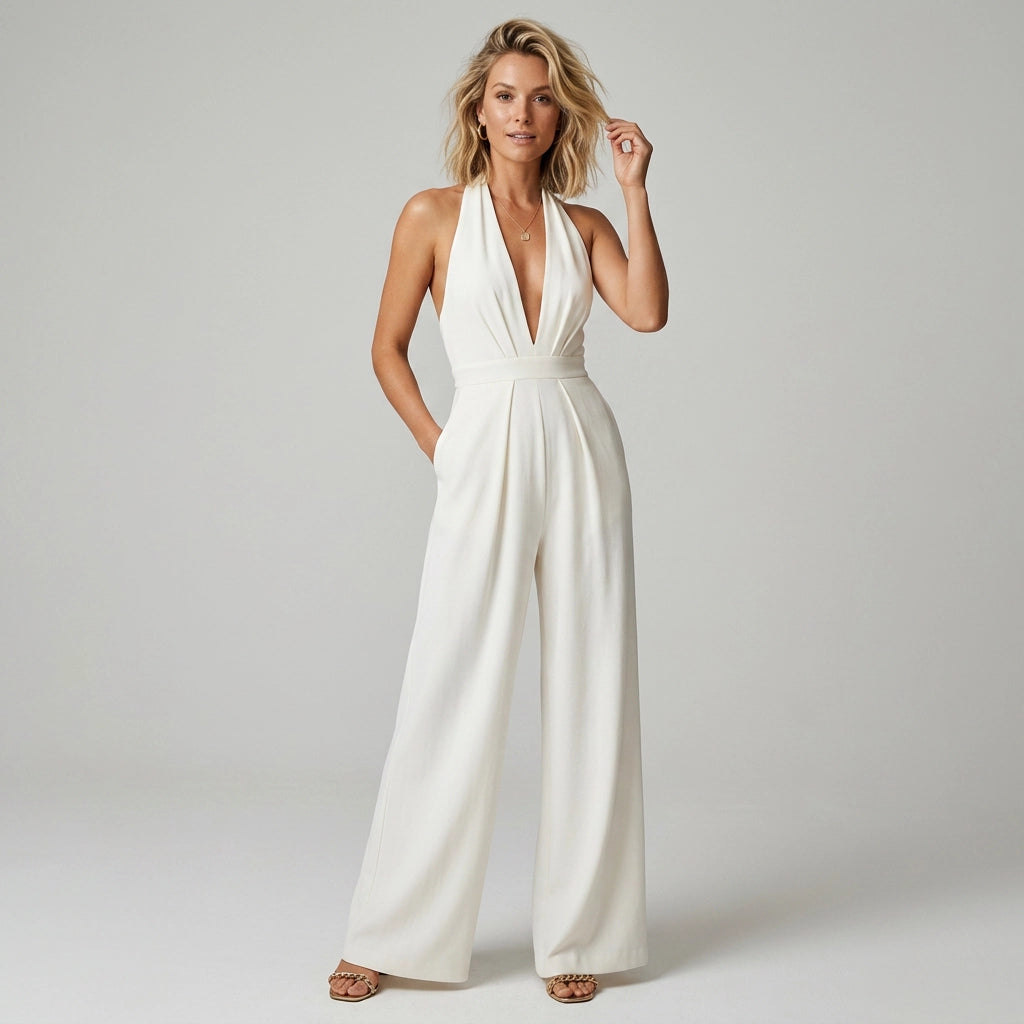 Wide Leg Jumpsuit with Plunge Neckline White 14