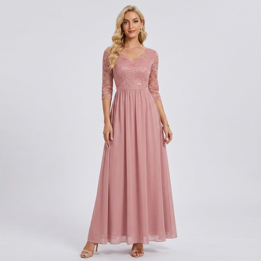 Women's Chiffon Maxi Dress with Lace and 3/4 Sleeves in Pink – 1