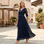 Women's Chiffon Maxi Dress with Lace and 3/4 Sleeves in Dark Blue – 11
