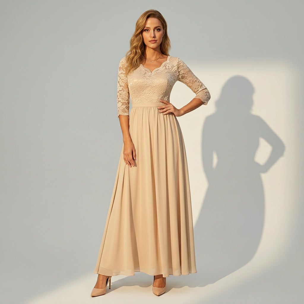 Women's Chiffon Maxi Dress with Lace and 3/4 Sleeves in Beige – 12