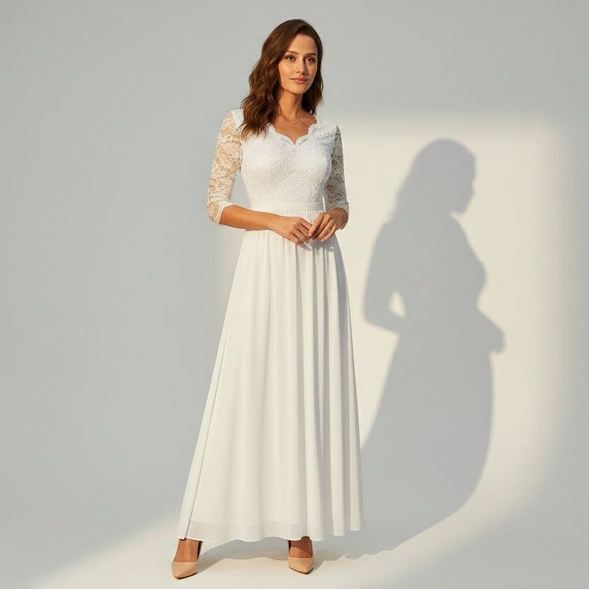 Women's Chiffon Maxi Dress with Lace and 3/4 Sleeves in White – 2