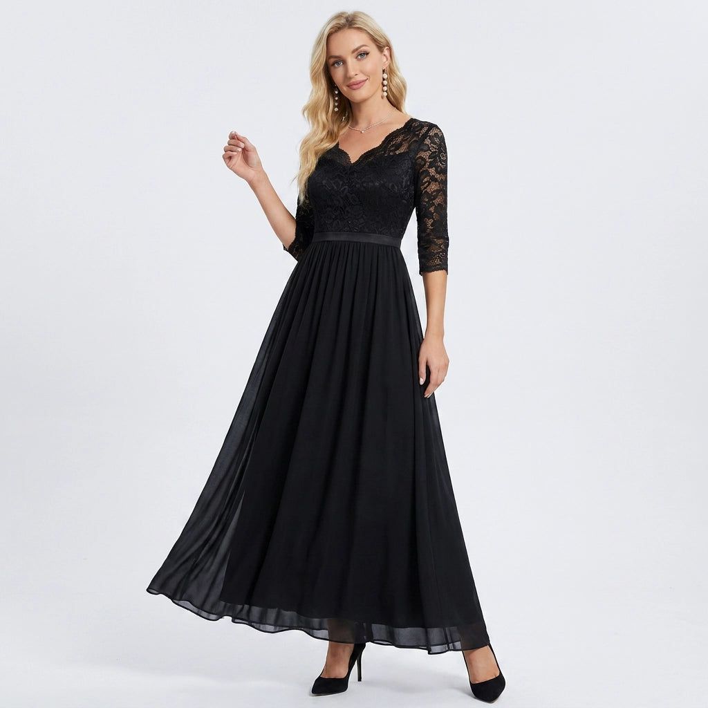 Women's Chiffon Maxi Dress with Lace and 3/4 Sleeves in Black – 4