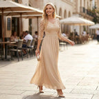 Women's Chiffon Maxi Dress with Lace and 3/4 Sleeves in Beige – 5