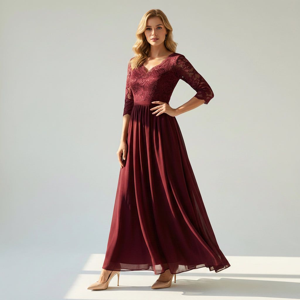 Women's Chiffon Maxi Dress with Lace and 3/4 Sleeves in Burgundy – 6