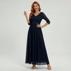 Women's Chiffon Maxi Dress with Lace and 3/4 Sleeves in Dark Blue – 8