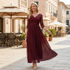 Women's Chiffon Maxi Dress with Lace and 3/4 Sleeves in Burgundy – 9
