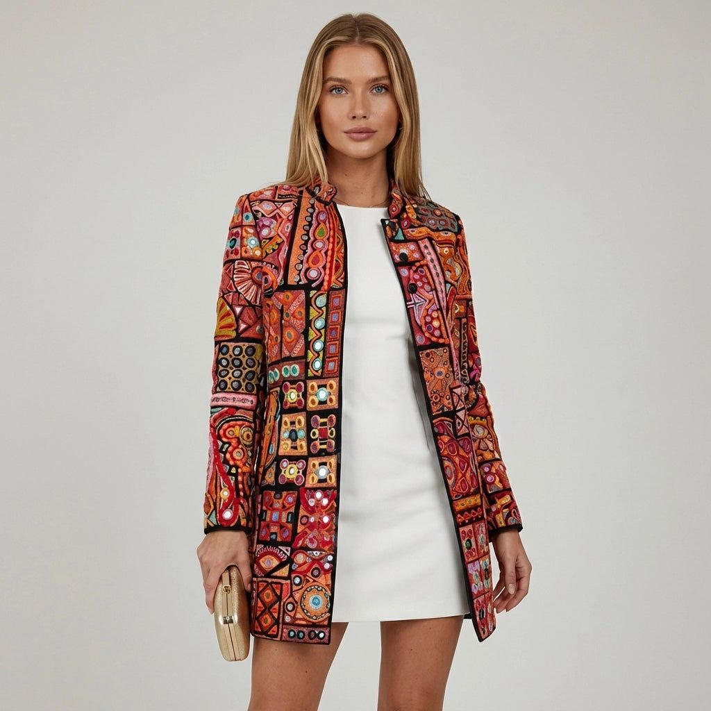Women's Collarless Colourful Lightweight Long Blazer Jacket in Red – 1