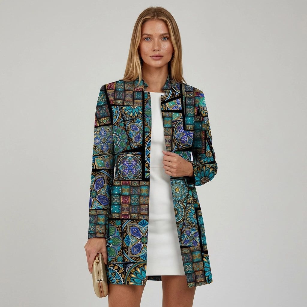 Women's Collarless Colourful Lightweight Long Blazer Jacket in Blue – 2