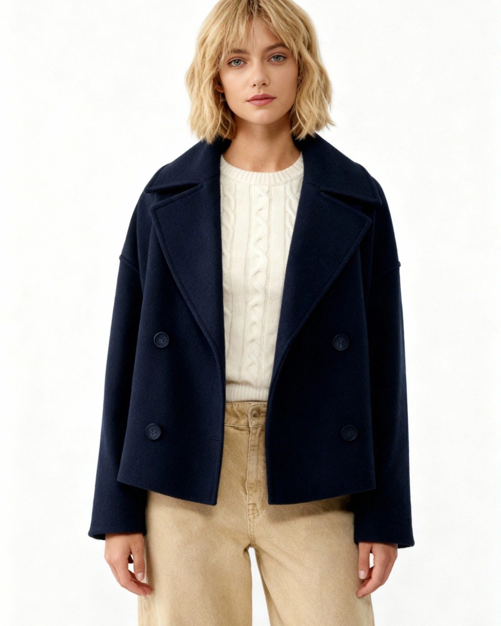 Women's Double-Breasted Jacket with Lapel Collar in Marine Blue – 1