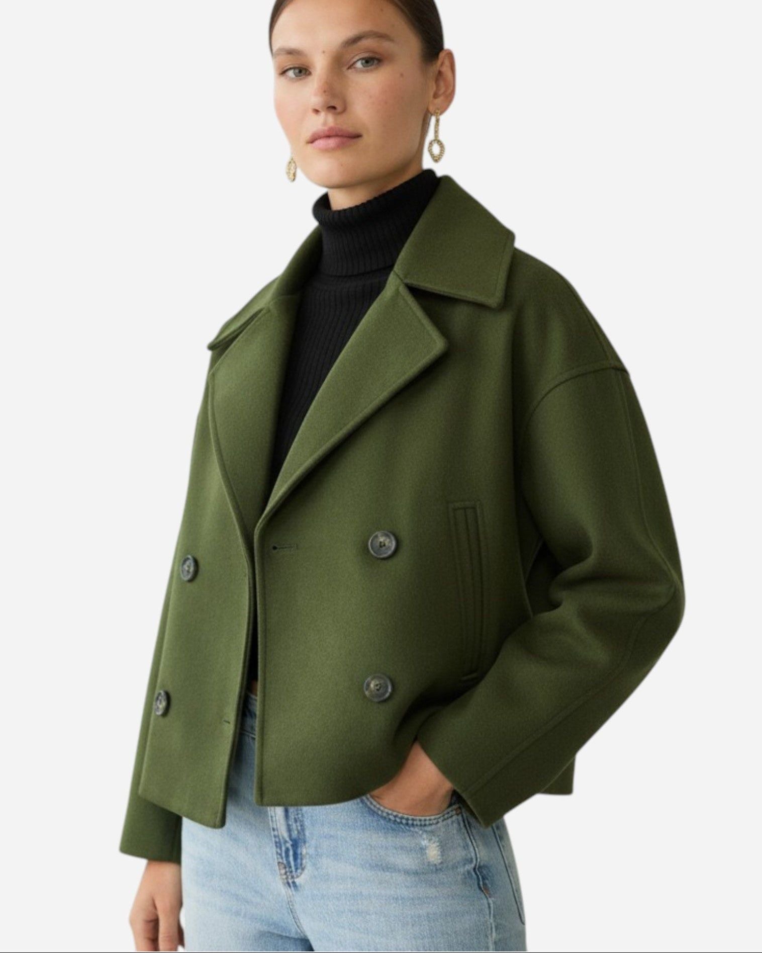 Women's Double-Breasted Jacket with Lapel Collar in Green – 10