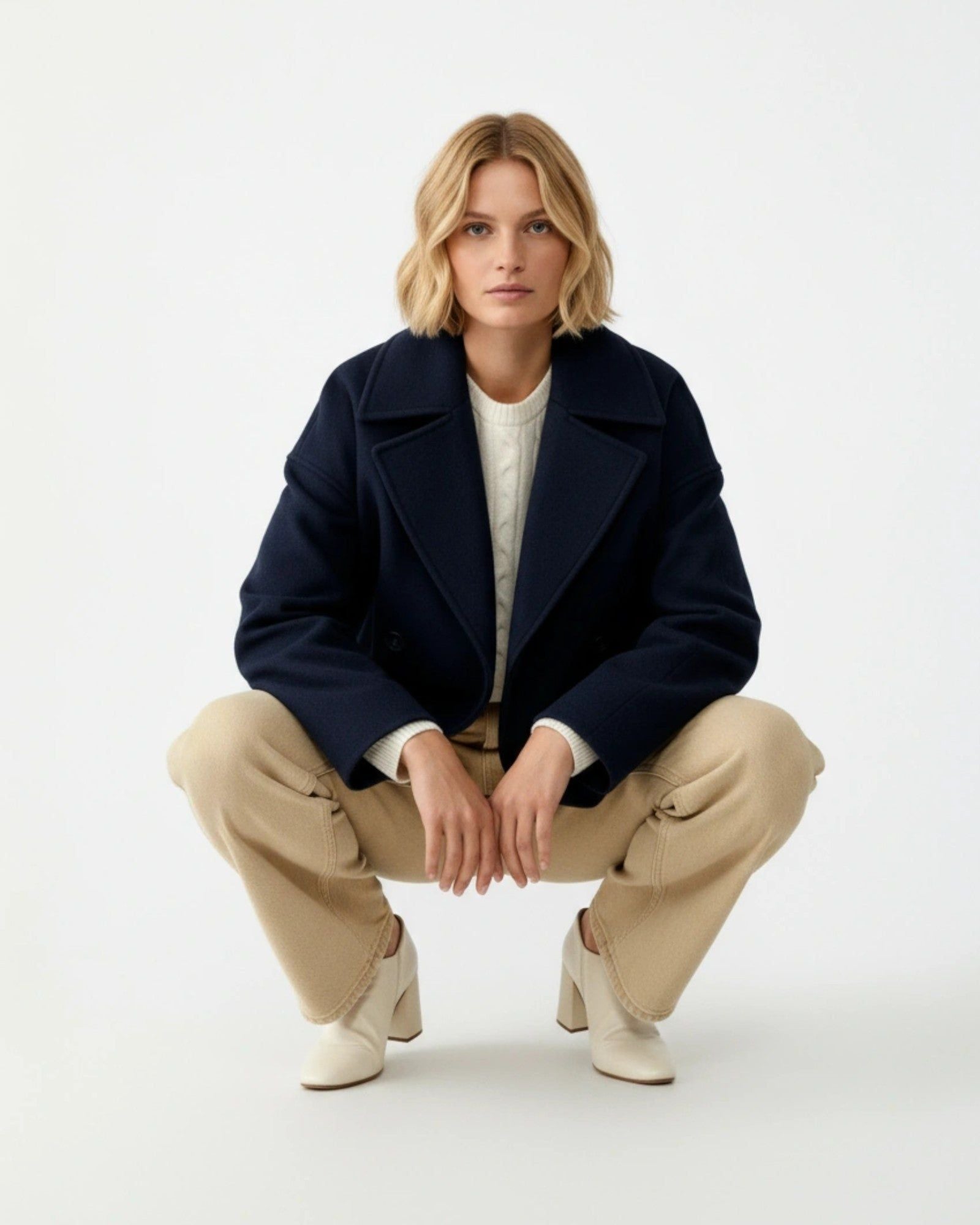 Women's Double-Breasted Jacket with Lapel Collar in Marine Blue – 4