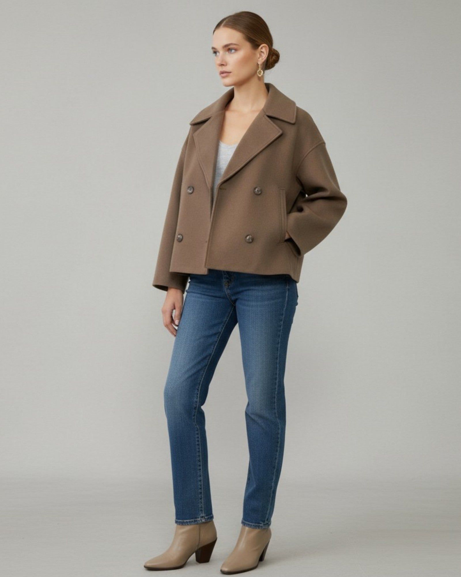 Women's Double-Breasted Jacket with Lapel Collar in Brown – 5