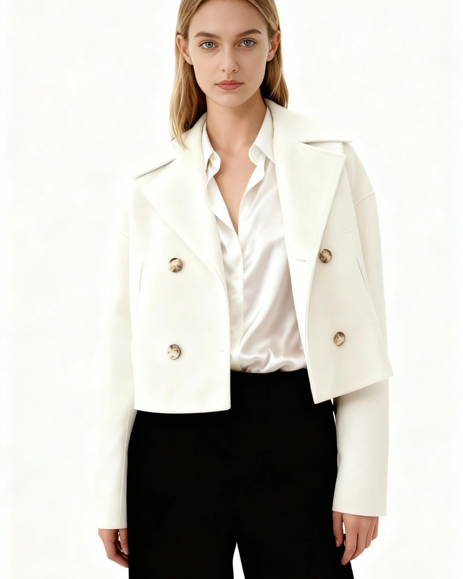 Women's Double-Breasted Jacket with Lapel Collar in White – 6