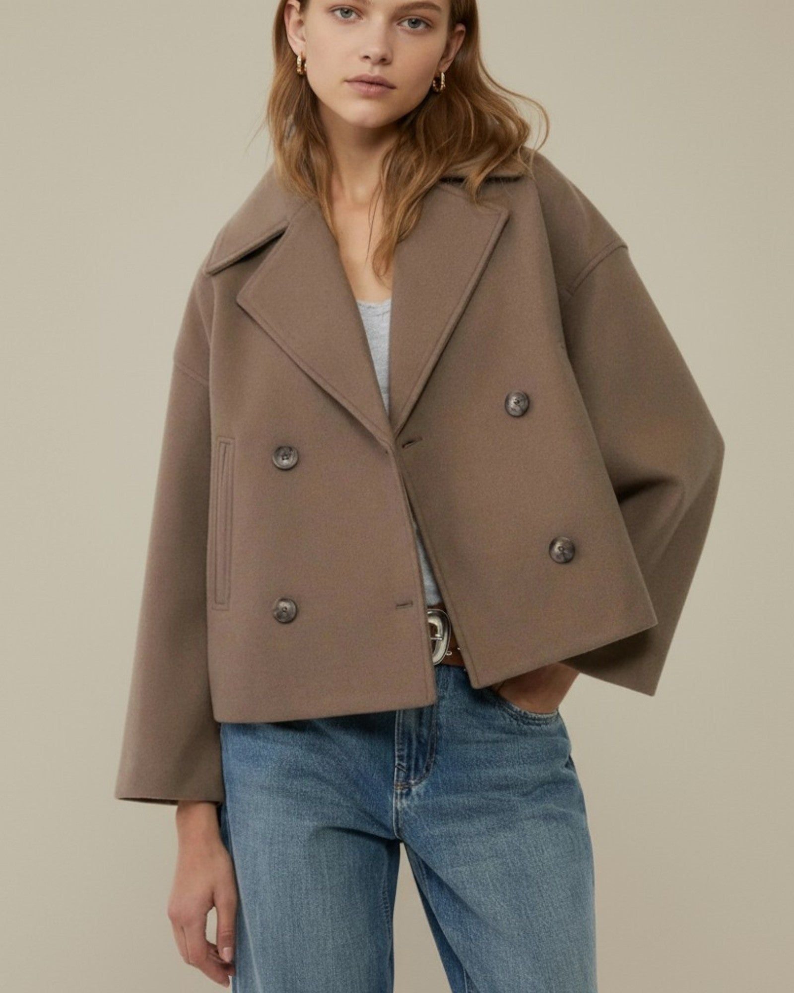 Women's Double-Breasted Jacket with Lapel Collar in Brown – 8