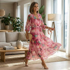 Women's Elegant Wrap Maxi Dress with Long Sleeves in Pink – 1