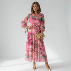 Women's Elegant Wrap Maxi Dress with Long Sleeves in Pink – 3
