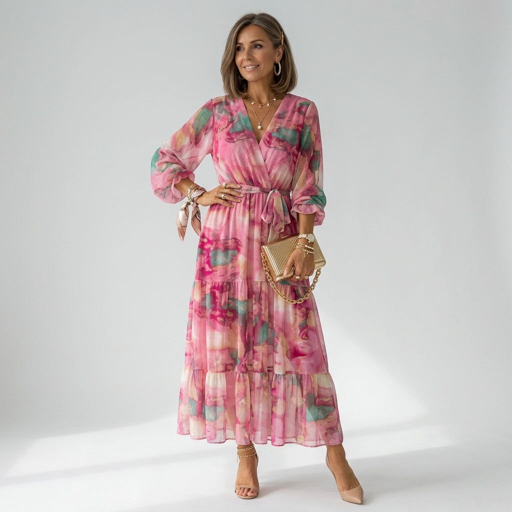 Women's Elegant Wrap Maxi Dress with Long Sleeves in Pink – 3