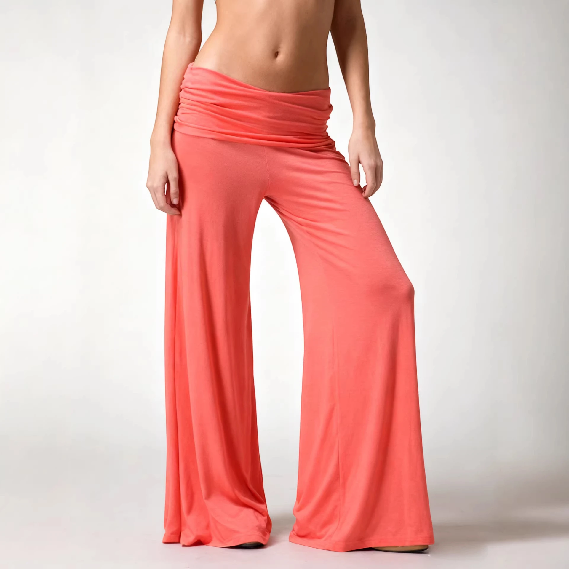 Women's Flowy Palazzo Trousers with Draped Waistband in Pink – 1