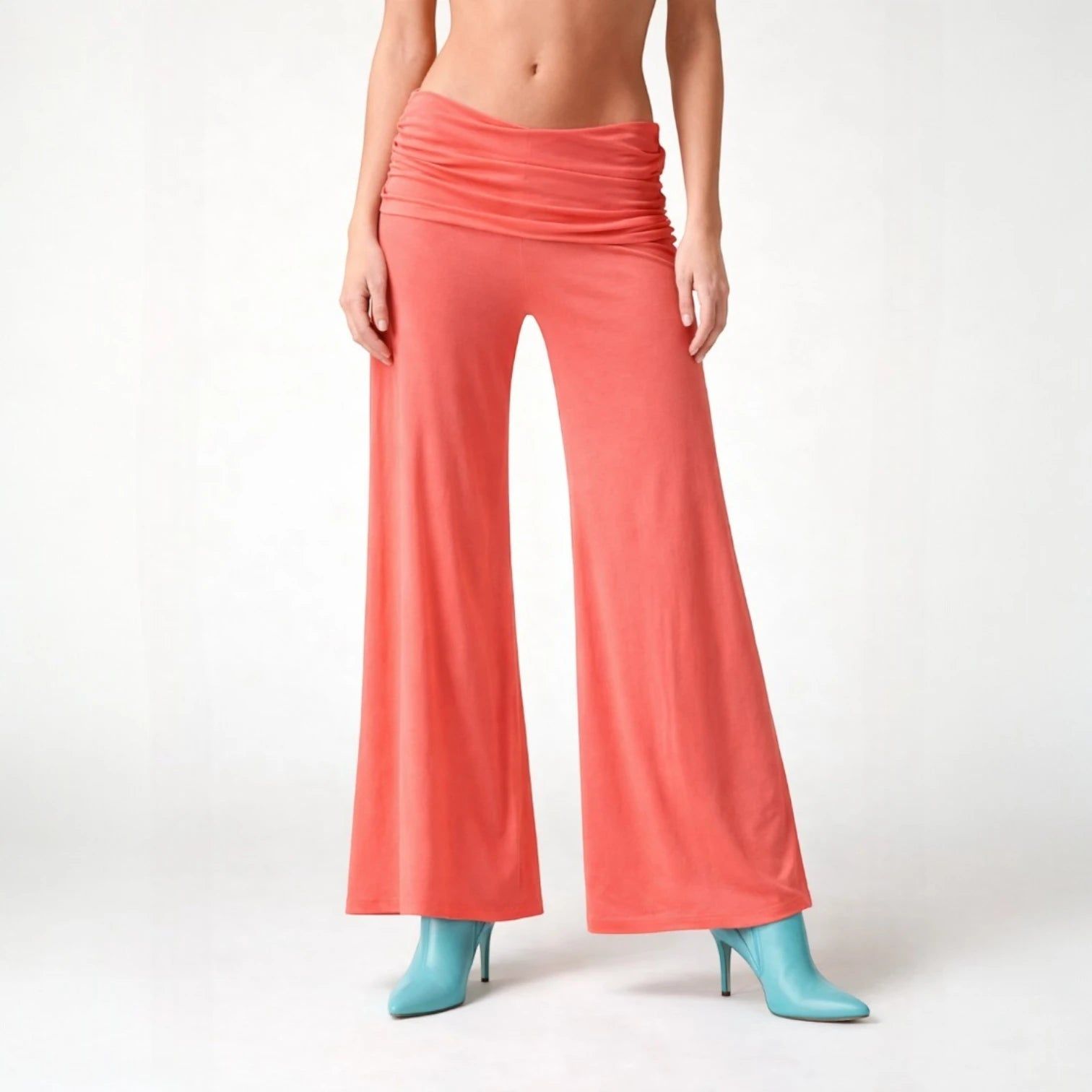 Women's Flowy Palazzo Trousers with Draped Waistband in Pink – 7