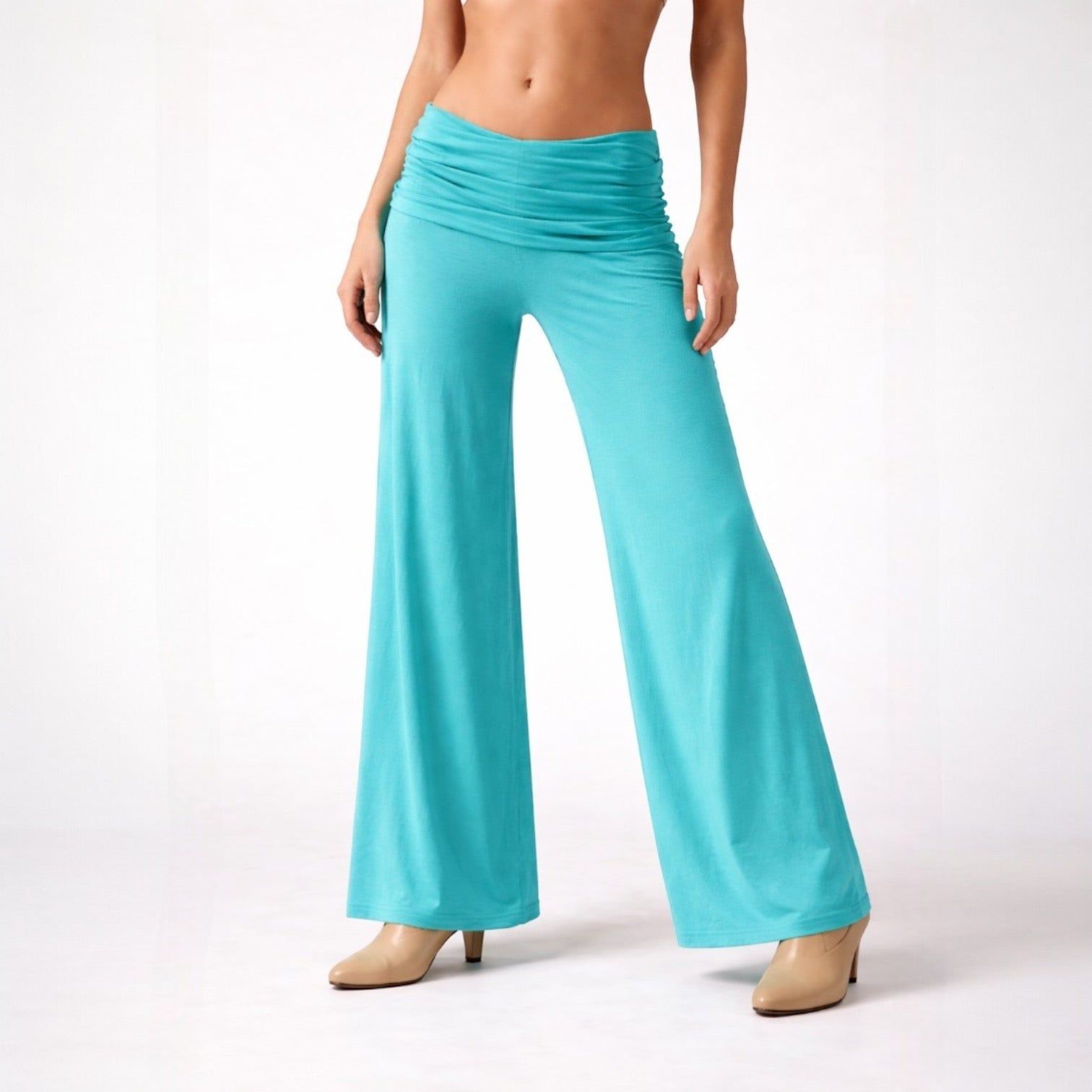 Women's Flowy Palazzo Trousers with Draped Waistband in Teal – 8