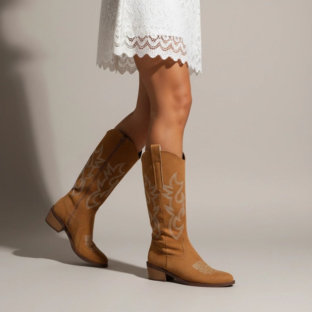 Women’s Knee-High Western Boots with Embroidered Detail and Low Block Heel in Light Brown – 1