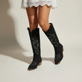 Women’s Knee-High Western Boots with Embroidered Detail and Low Block Heel in Black – 2