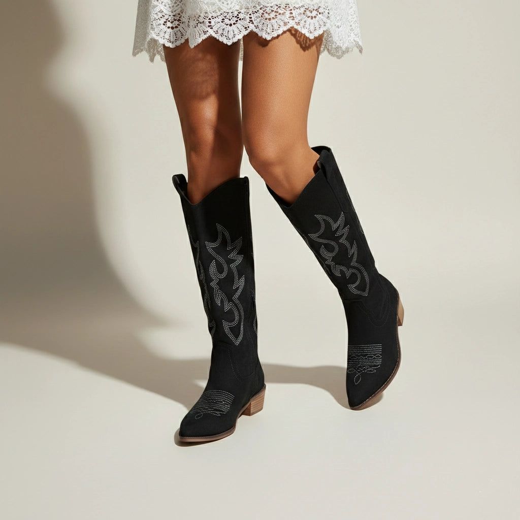 Women’s Knee-High Western Boots with Embroidered Detail and Low Block Heel in Black – 2