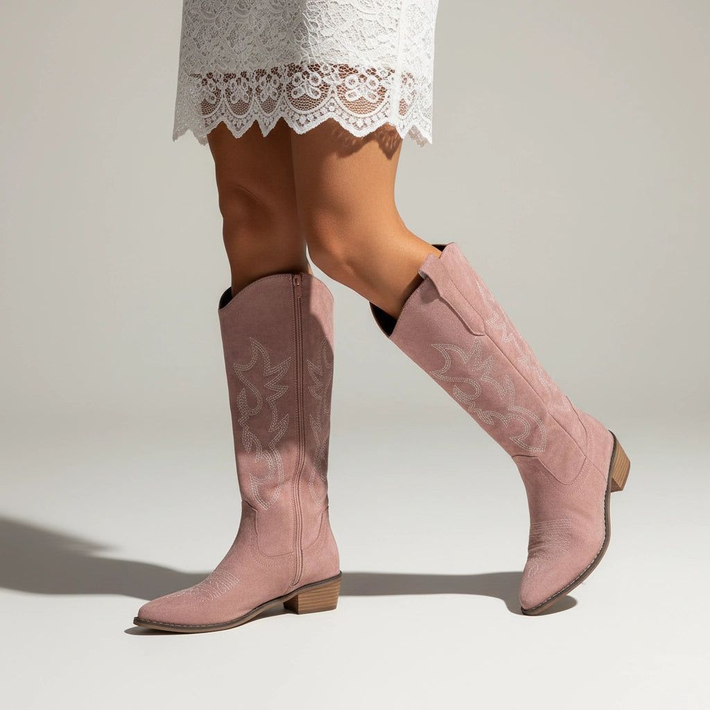 Women’s Knee-High Western Boots with Embroidered Detail and Low Block Heel in Pink – 3