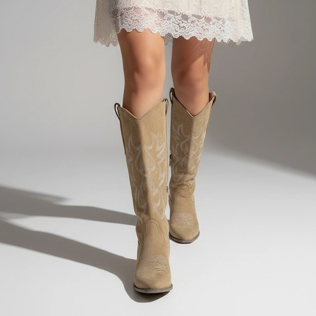 Women’s Knee-High Western Boots with Embroidered Detail and Low Block Heel in Light Brown – 5