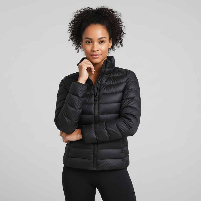 Women's Lightweight Quilted Jacket with Stand-Up Collar in Black – 1