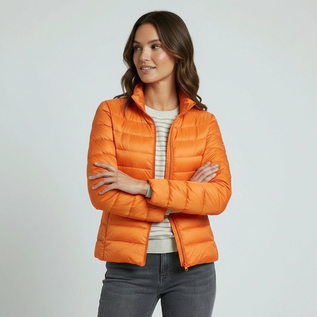 Women's Lightweight Quilted Jacket with Stand-Up Collar in Orange – 10