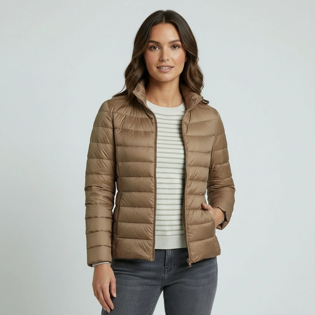 Women's Lightweight Quilted Jacket with Stand-Up Collar in Taupe – 5