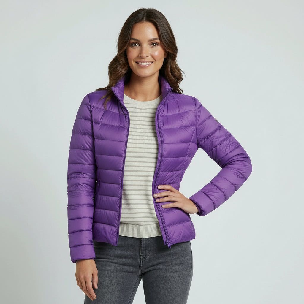 Women's Lightweight Quilted Jacket with Stand-Up Collar in Purple – 7