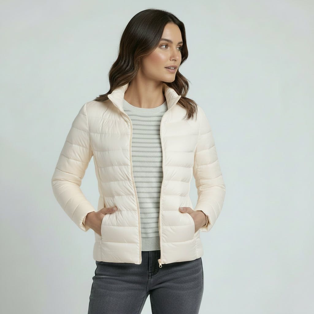 Women's Lightweight Quilted Jacket with Stand-Up Collar in Taupe – 9