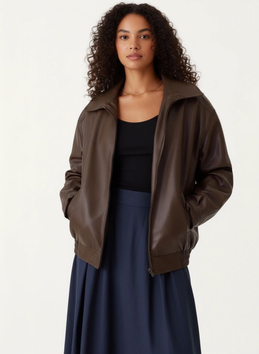 Women's Modern Oversized Jacket with Wide Blazer Collar and Elasticated Hem in Brown – 1