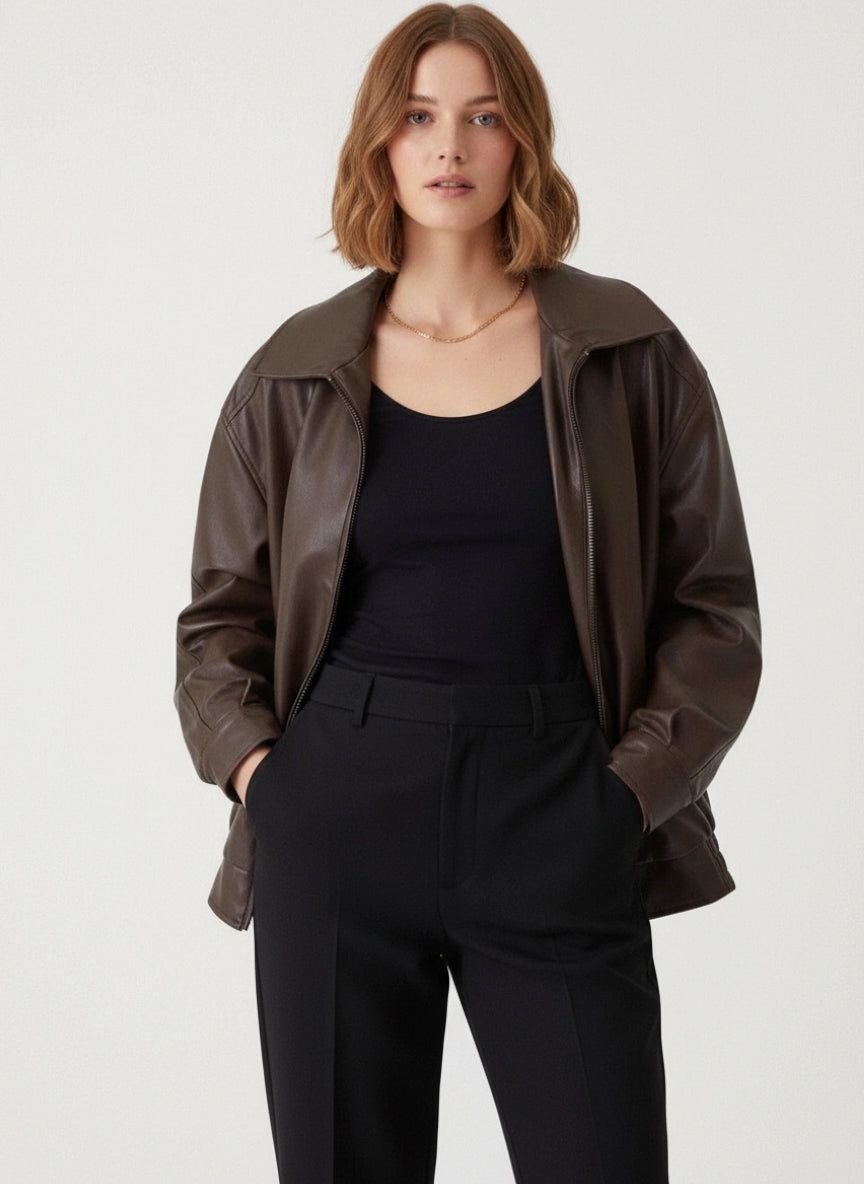 Women's Modern Oversized Jacket with Wide Blazer Collar and Elasticated Hem in Brown – 2