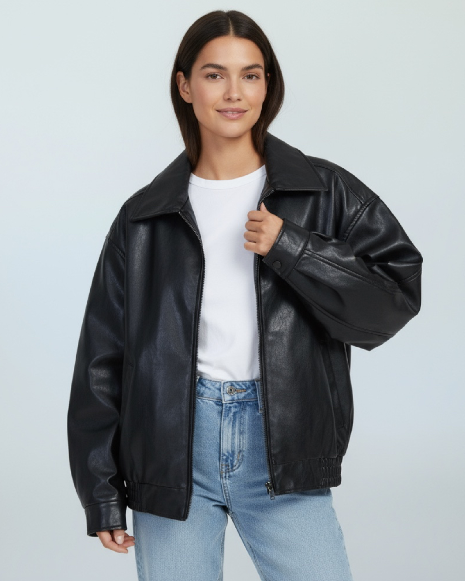 Women's Modern Oversized Jacket with Wide Blazer Collar and Elasticated Hem in Black – 4