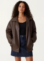 Women's Modern Oversized Jacket with Wide Blazer Collar and Elasticated Hem in Brown – 6