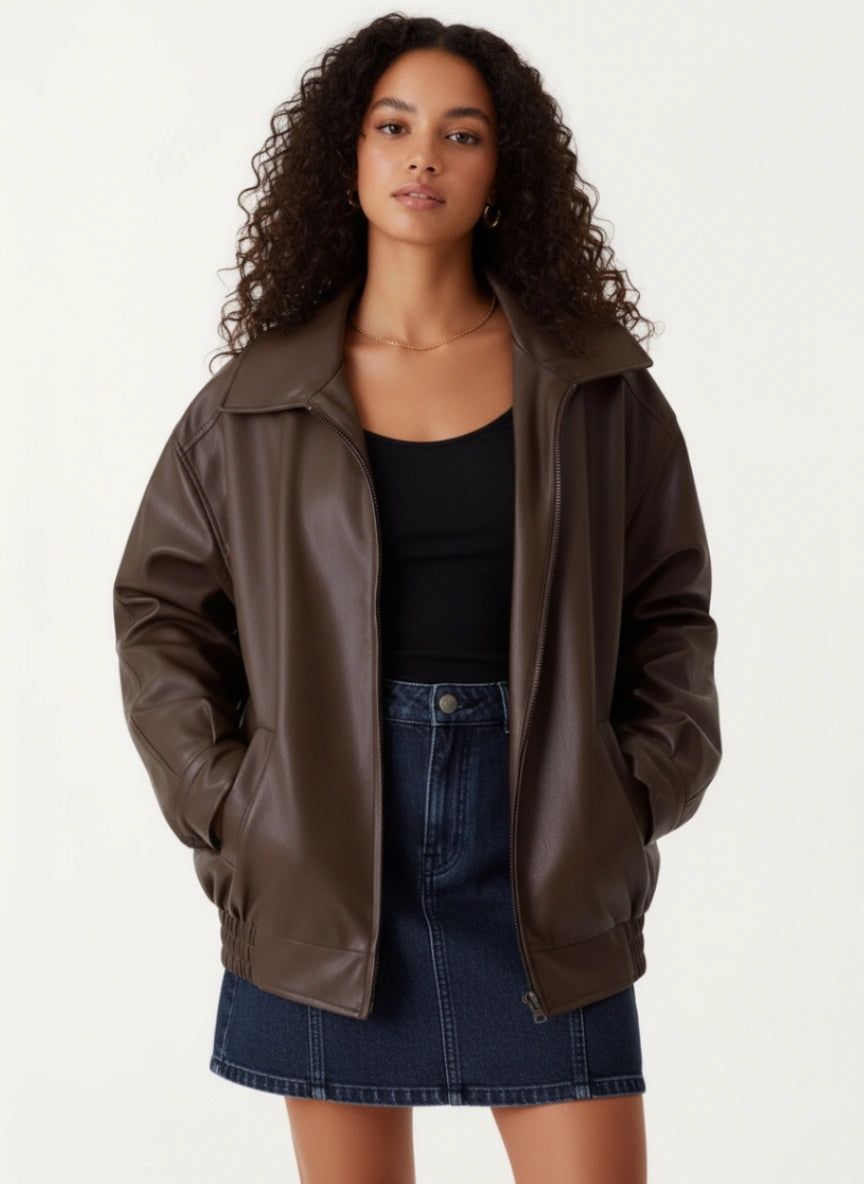 Women's Modern Oversized Jacket with Wide Blazer Collar and Elasticated Hem in Brown – 6