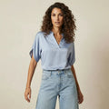 Women's Short Sleeve Blouse with V-Neck and Straight Cut in Blue – 1