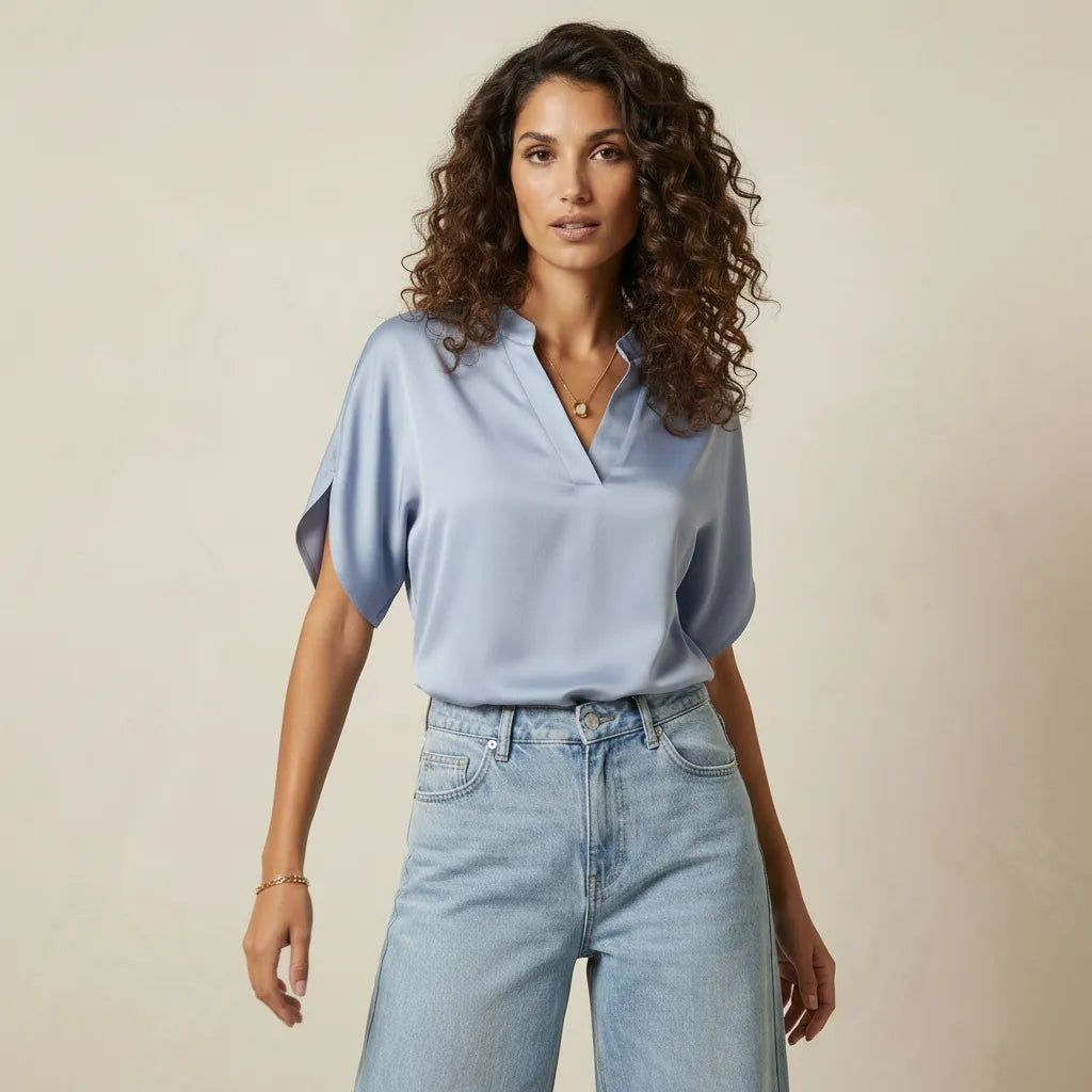 Women's Short Sleeve Blouse with V-Neck and Straight Cut in Blue – 1