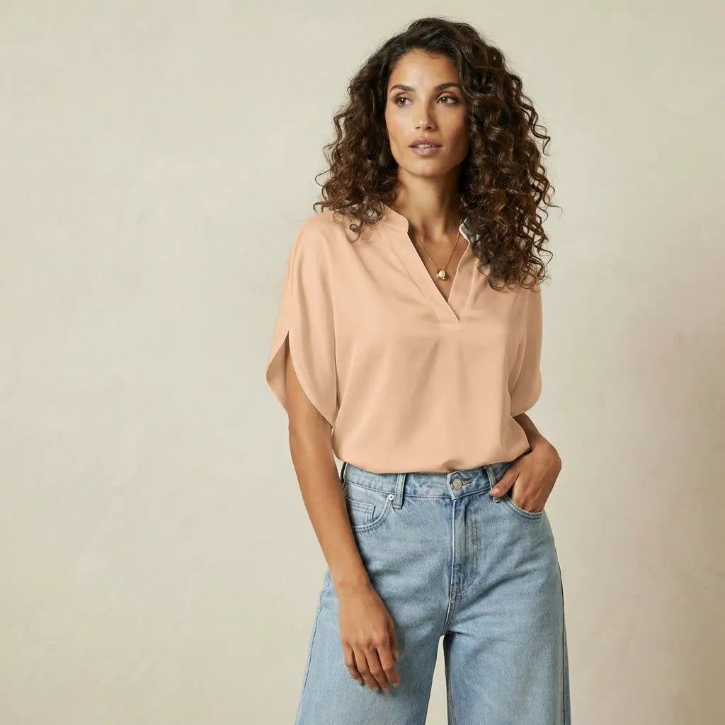 Women's Short Sleeve Blouse with V-Neck and Straight Cut in Pink – 10