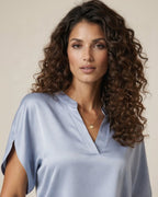 Women's Short Sleeve Blouse with V-Neck and Straight Cut in Blue – 3