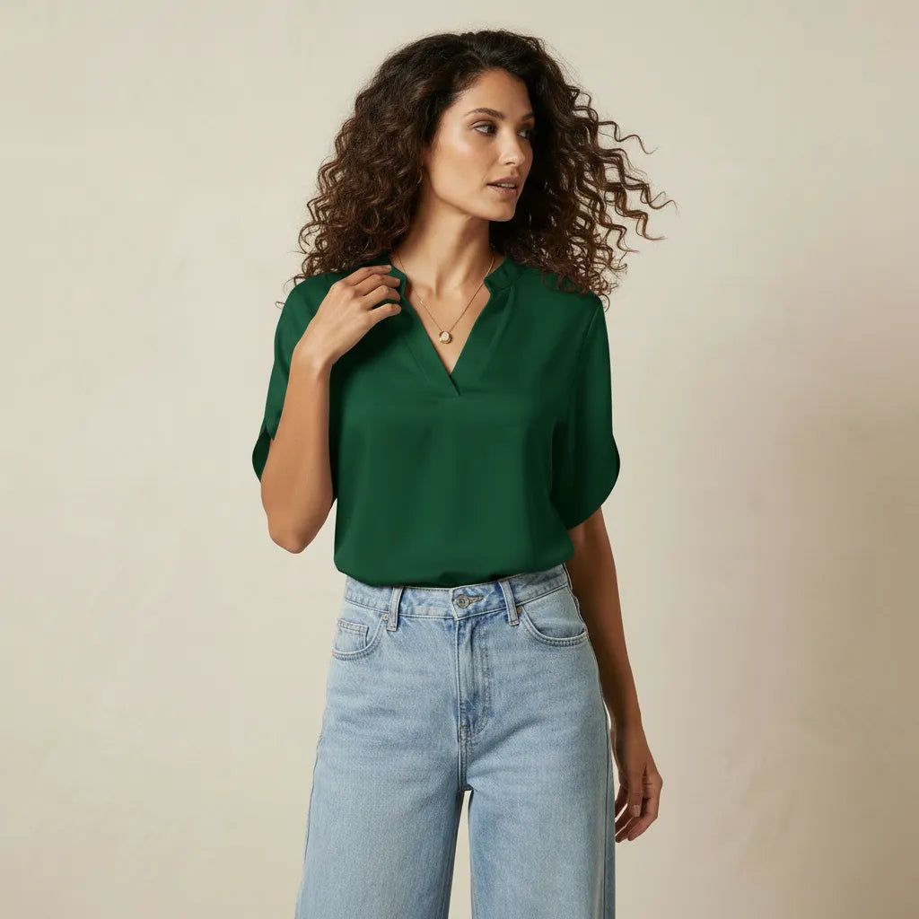 Women's Short Sleeve Blouse with V-Neck and Straight Cut in Green – 4