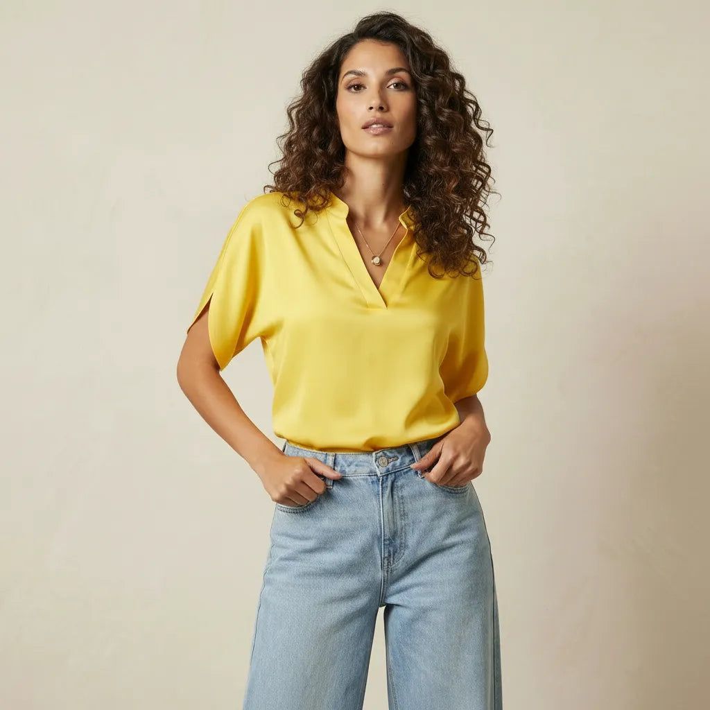 Women's Short Sleeve Blouse with V-Neck and Straight Cut in Yellow – 5